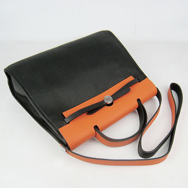 7A Replica Hermes Black/Orange Kelly 32cm Togo Leather Bag 60667